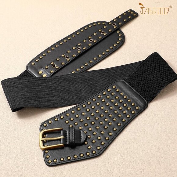 Women\'s Elastic Wide Belt Vintage Studded Stretchy Waist Belts Dress Pants Black main image 4